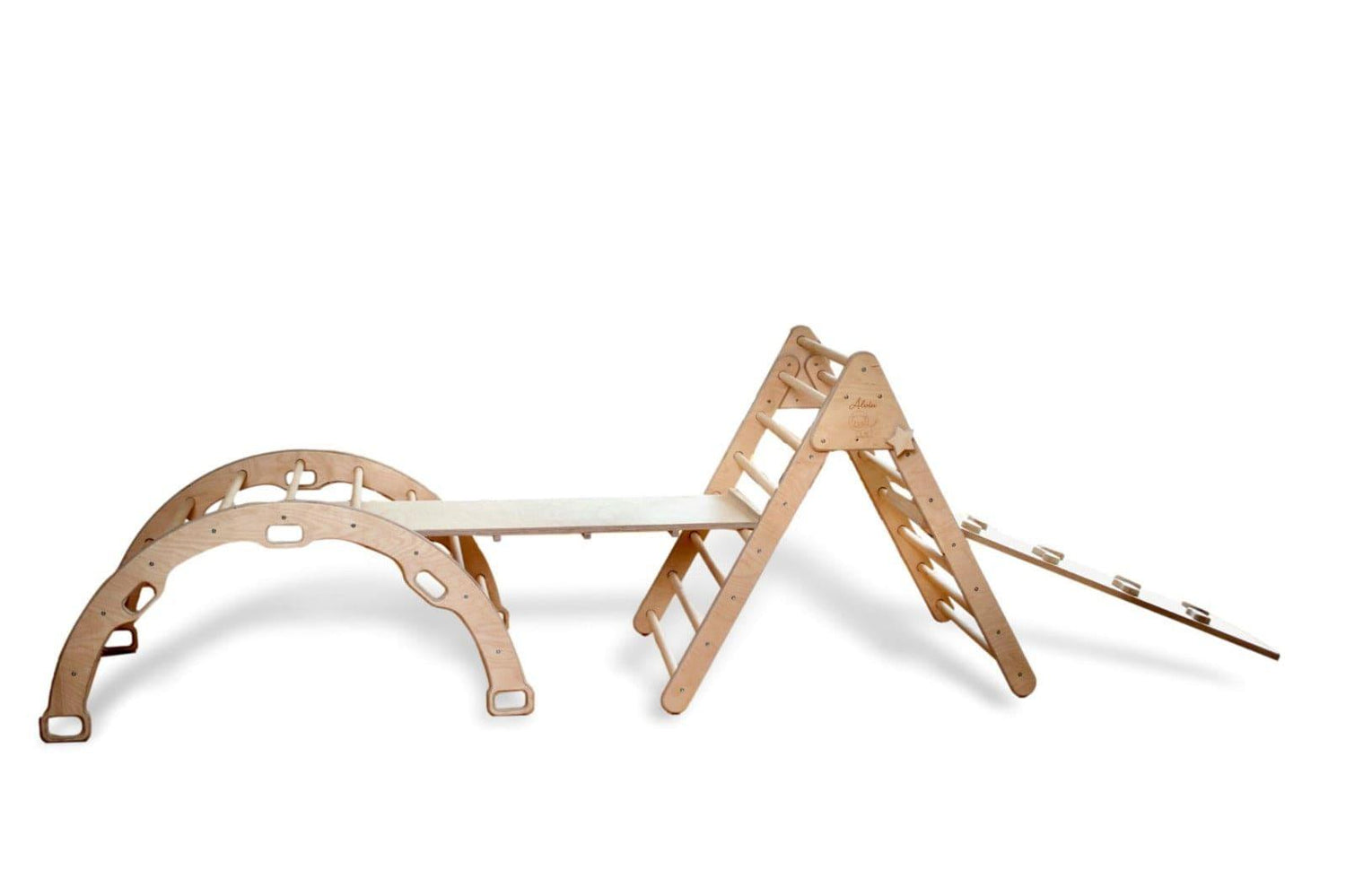 Red Oceanus Montessori climbing set with arch and rocker, featuring a sturdy wooden frame and colorful cushions for kids&