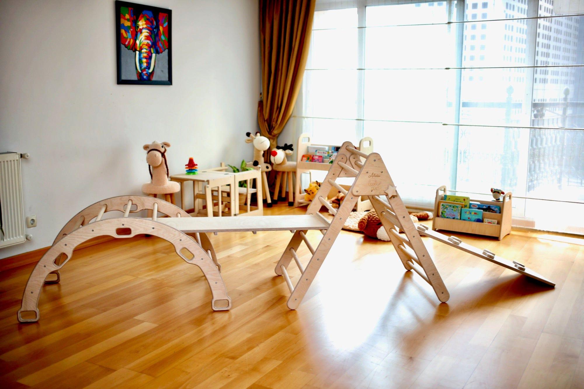 Red Oceanus Montessori climbing set with arch and rocker, toddler-friendly wooden furniture for active play and motor skill development.
