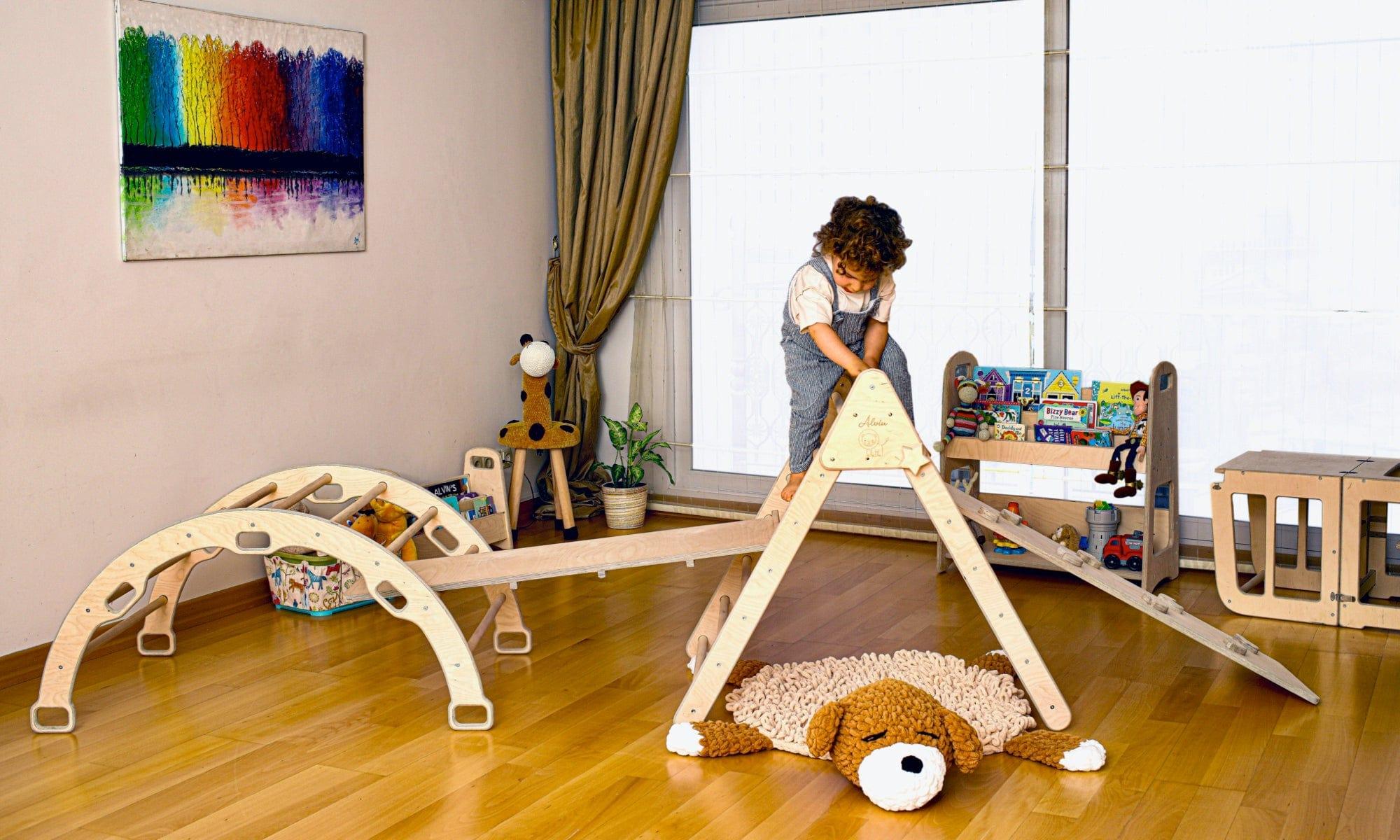 Red Oceanus Montessori climbing set with arch and rocker for children, featuring a sturdy wooden furniture design.