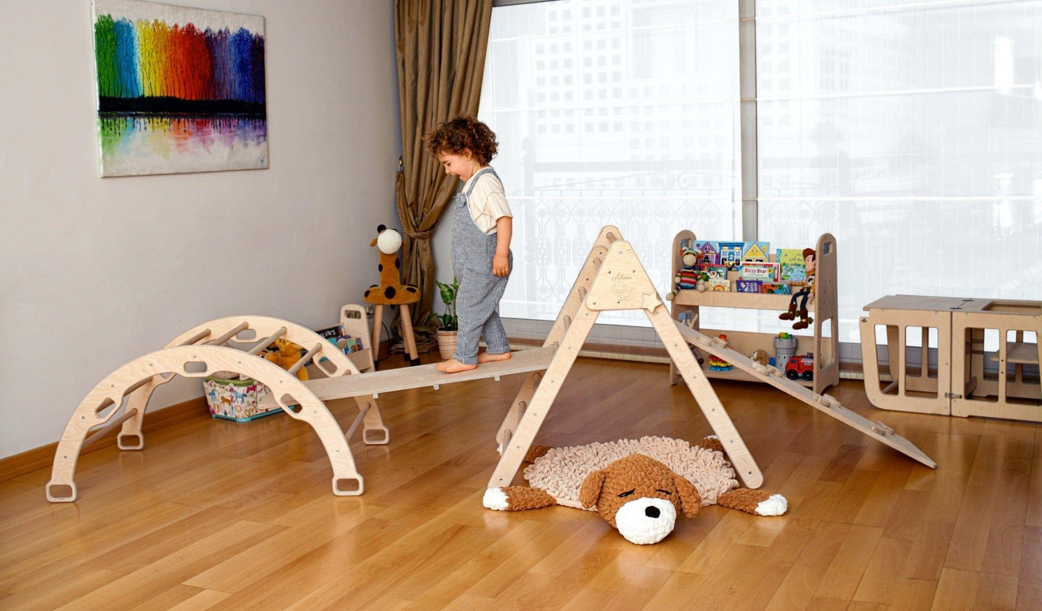 Red Oceanus Montessori climbing set with arch and rocker, child-friendly furniture for active play and motor skill development