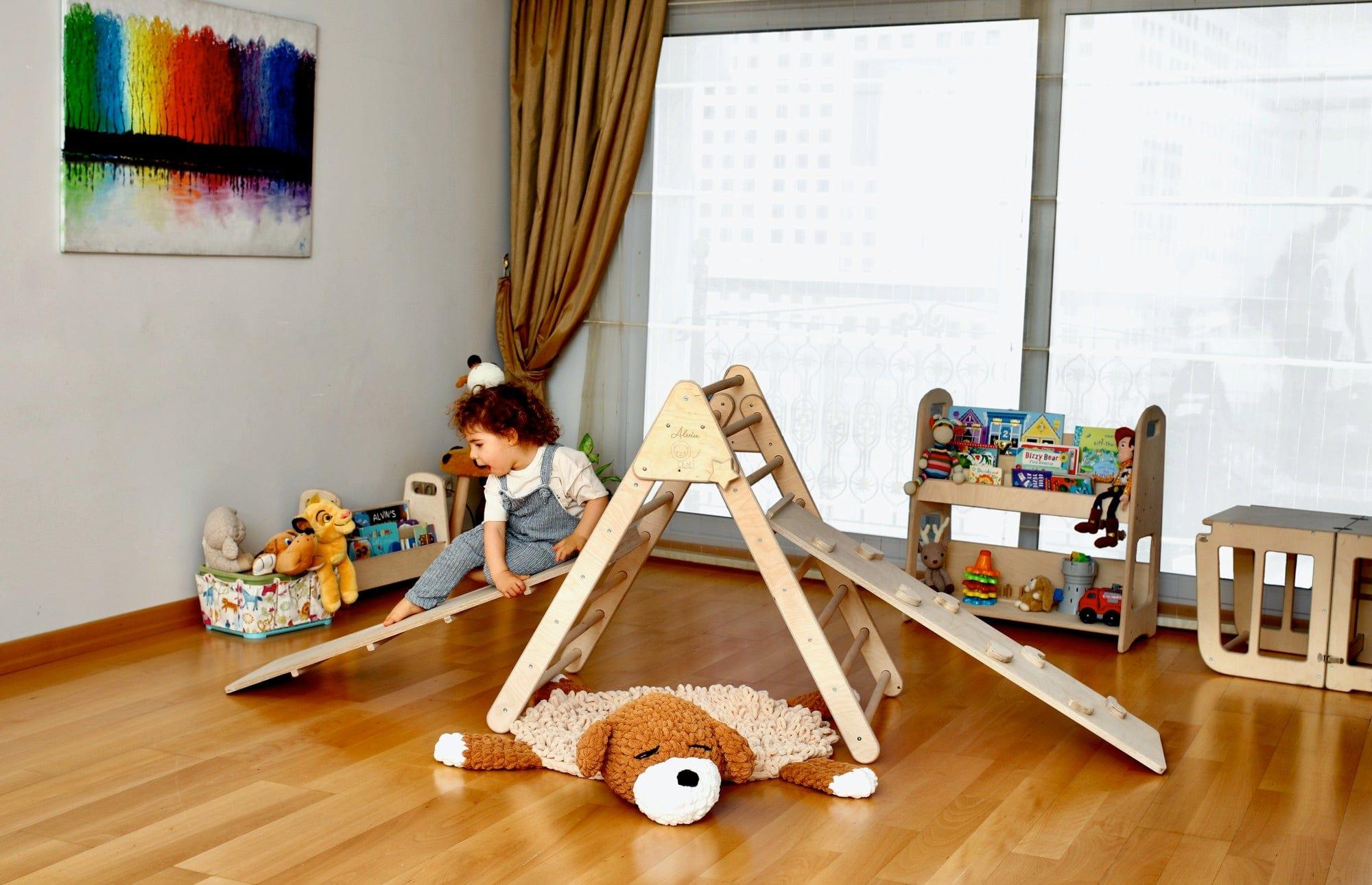 Red Oceanus Montessori climbing set with arch and rocker, child-friendly furniture for indoor play and development.
