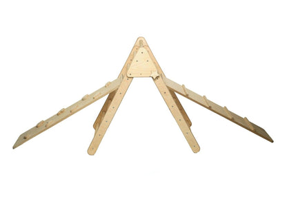 Red Oceanus foldable climbing triangle with two ramps for kids, featuring a sturdy Pikler-style wooden furniture piece.