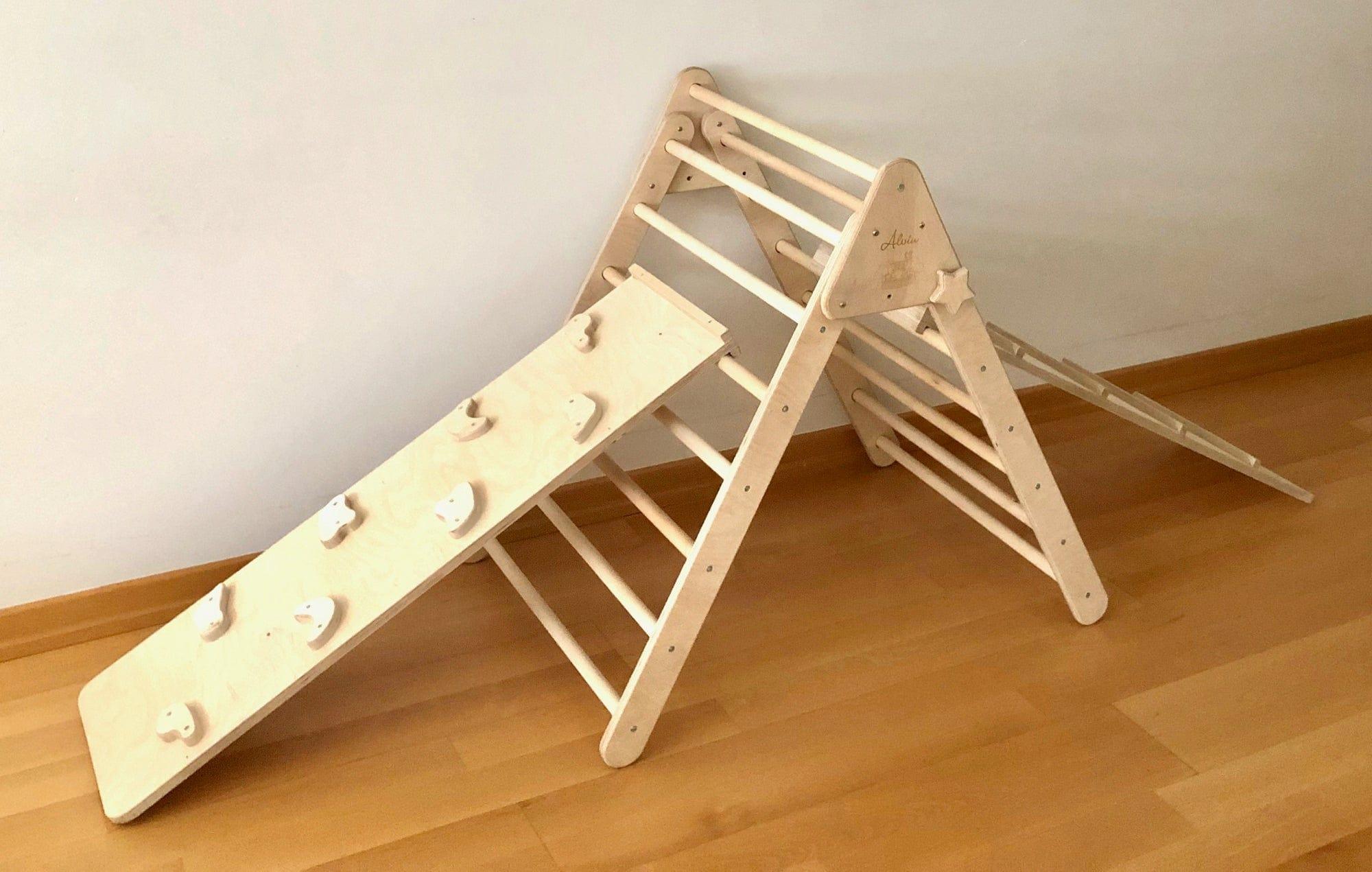 Red Oceanus foldable climbing triangle for kids with two ramps, sturdy wooden furniture for safe climbing and play.