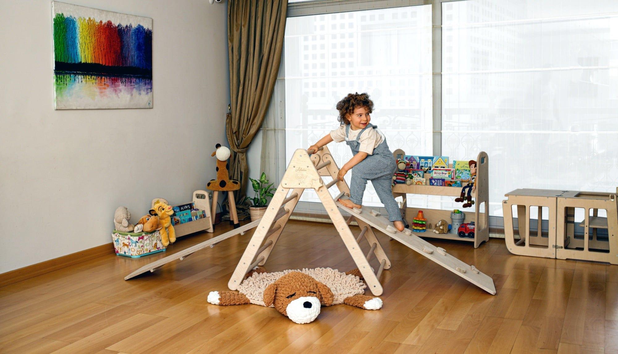 Red Oceanus foldable climbing triangle with two ramps for kids, featuring a sturdy Pikler-style wooden climbing furniture.