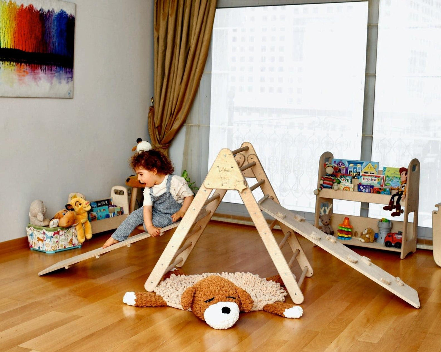 Red Oceanus foldable climbing triangle with two ramps for kids, featuring a sturdy Pikler-style wooden climbing furniture piece.