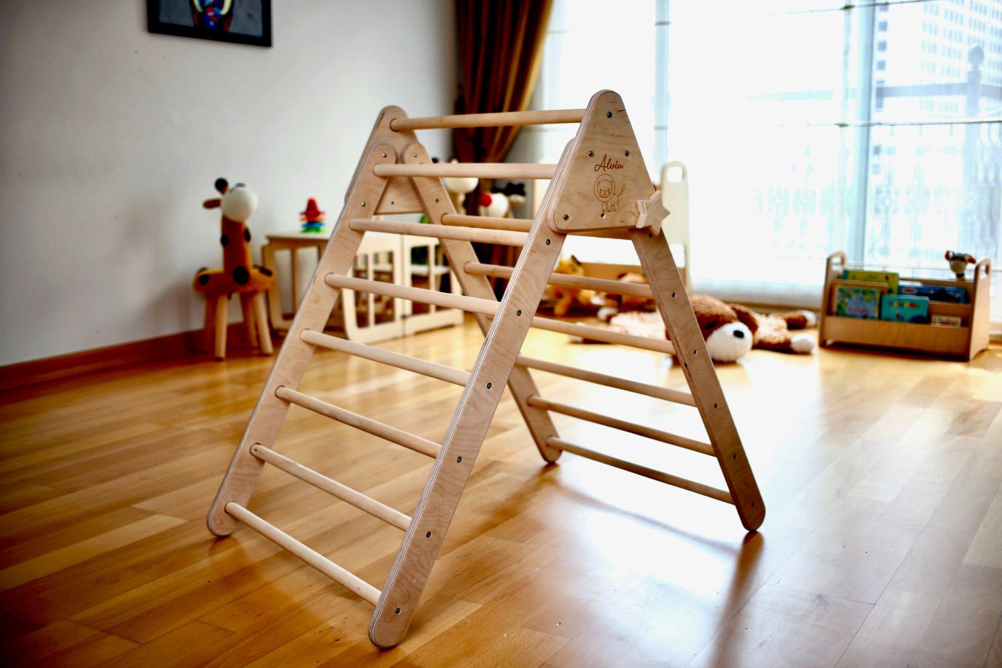 Red Oceanus foldable Pikler climbing triangle with two ramps, child-friendly wooden furniture for safe, active play.