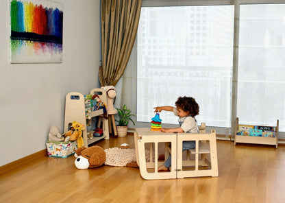 Red Oceanus 2-in-1 Montessori learning tower and desk for children, featuring a sturdy wooden design and adjustable height.