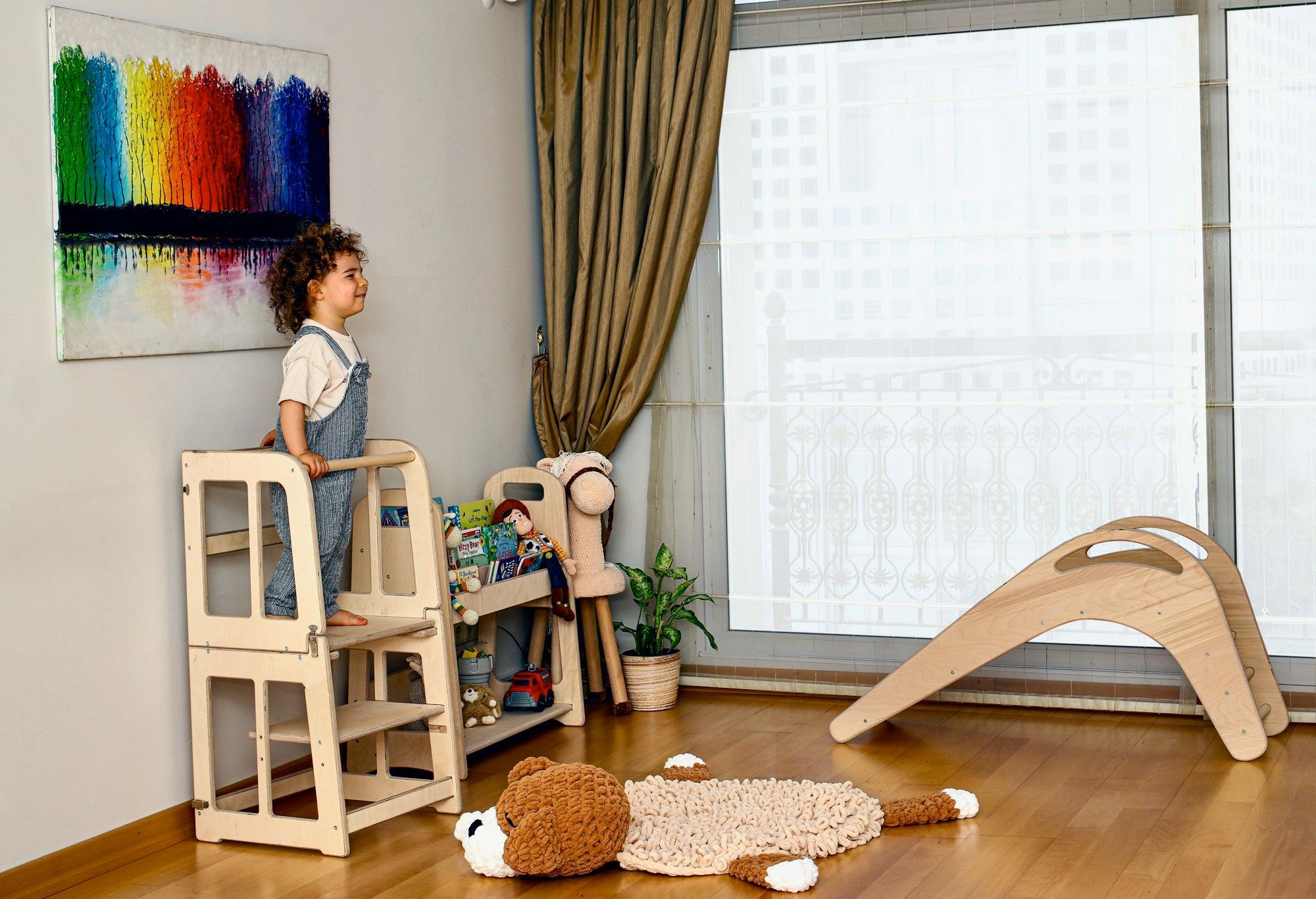 Red Oceanus 2-in-1 Montessori learning tower and desk for kids, featuring a sturdy wooden design and adjustable height.