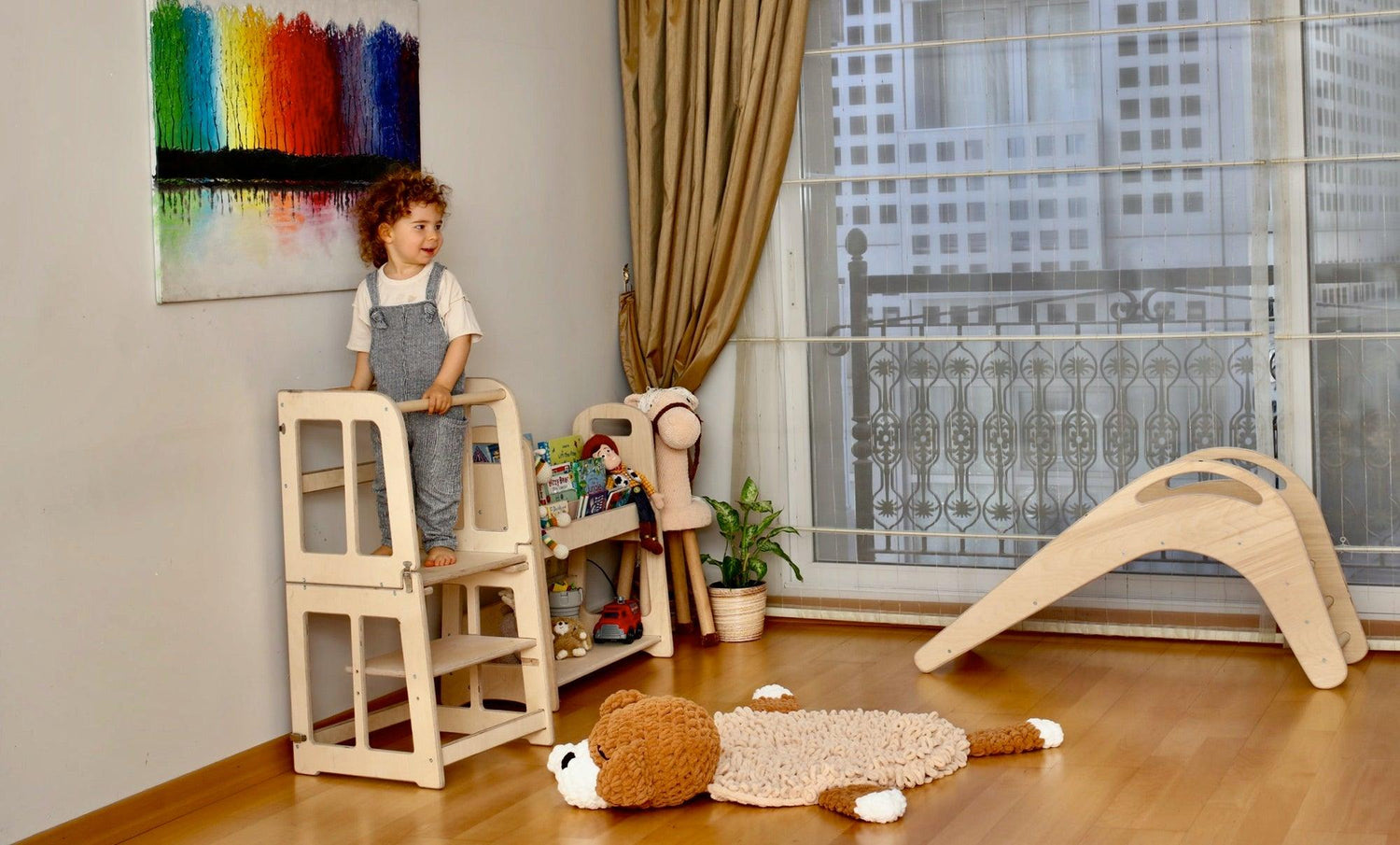 Red Oceanus 2-in-1 Montessori Learning Tower and Desk with sturdy wooden structure and safety rails for children&