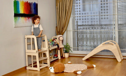 Red Oceanus 2-in-1 Montessori Learning Tower and Desk with sturdy wooden structure and safety rails for children&