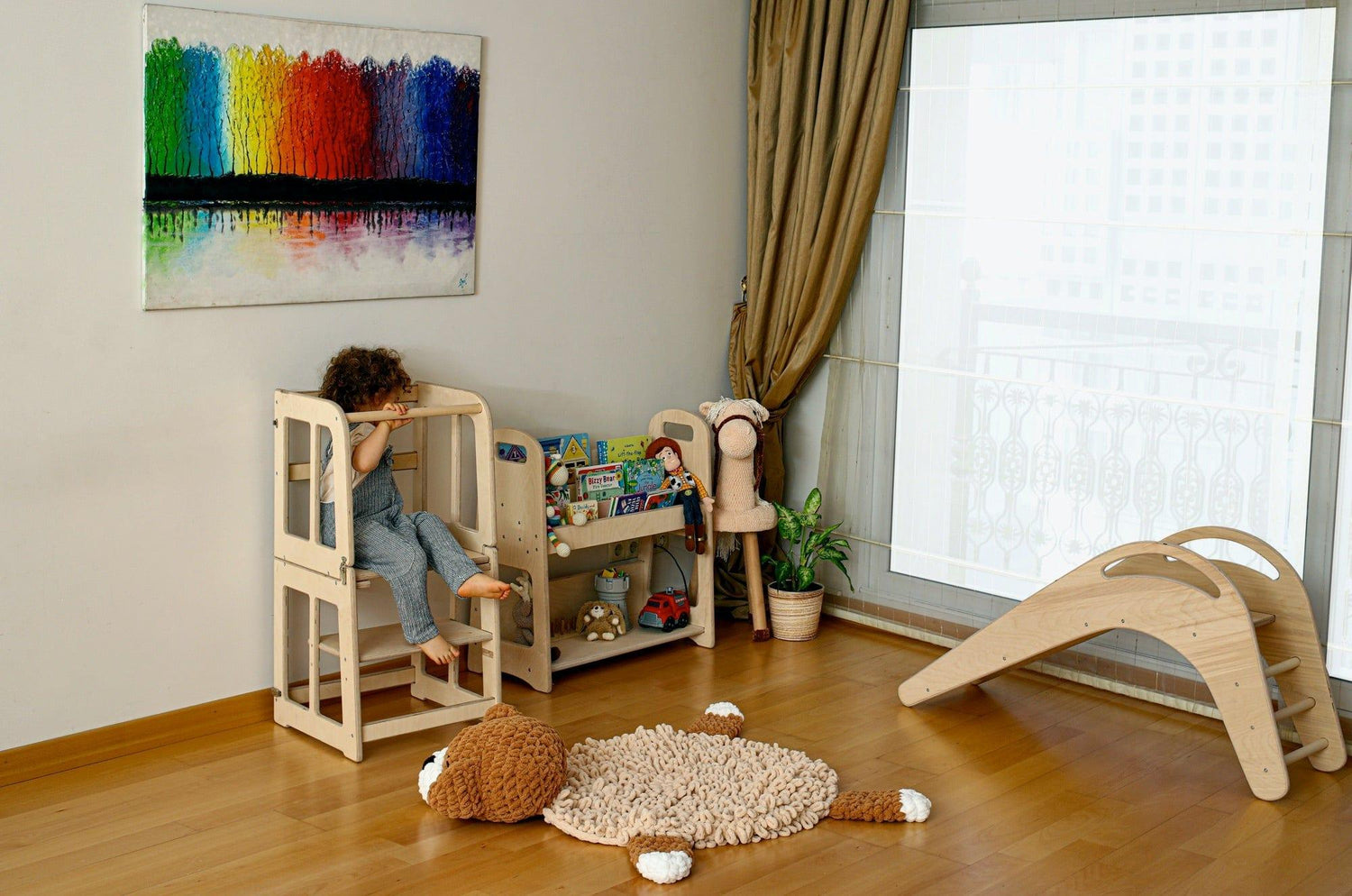 Red Oceanus 2-in-1 Montessori learning tower and desk for kids, featuring a sturdy wooden design with safety rails and adjustable height