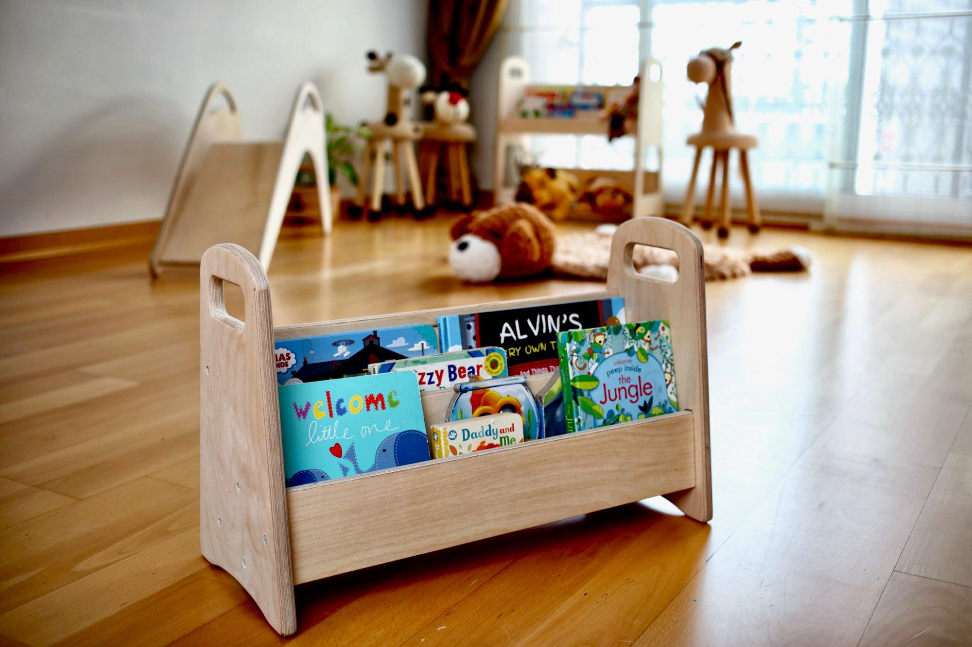 Small wooden bookshelf by Red Oceanus with three shelves, ideal for compact spaces or children&
