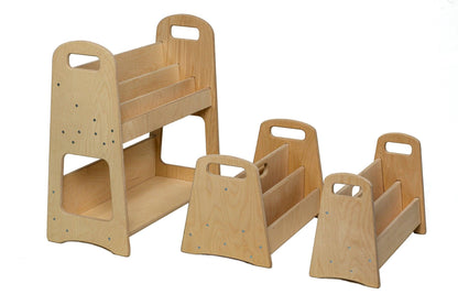 Small wooden bookshelf by Red Oceanus, featuring multiple shelves and a compact design for versatile storage.