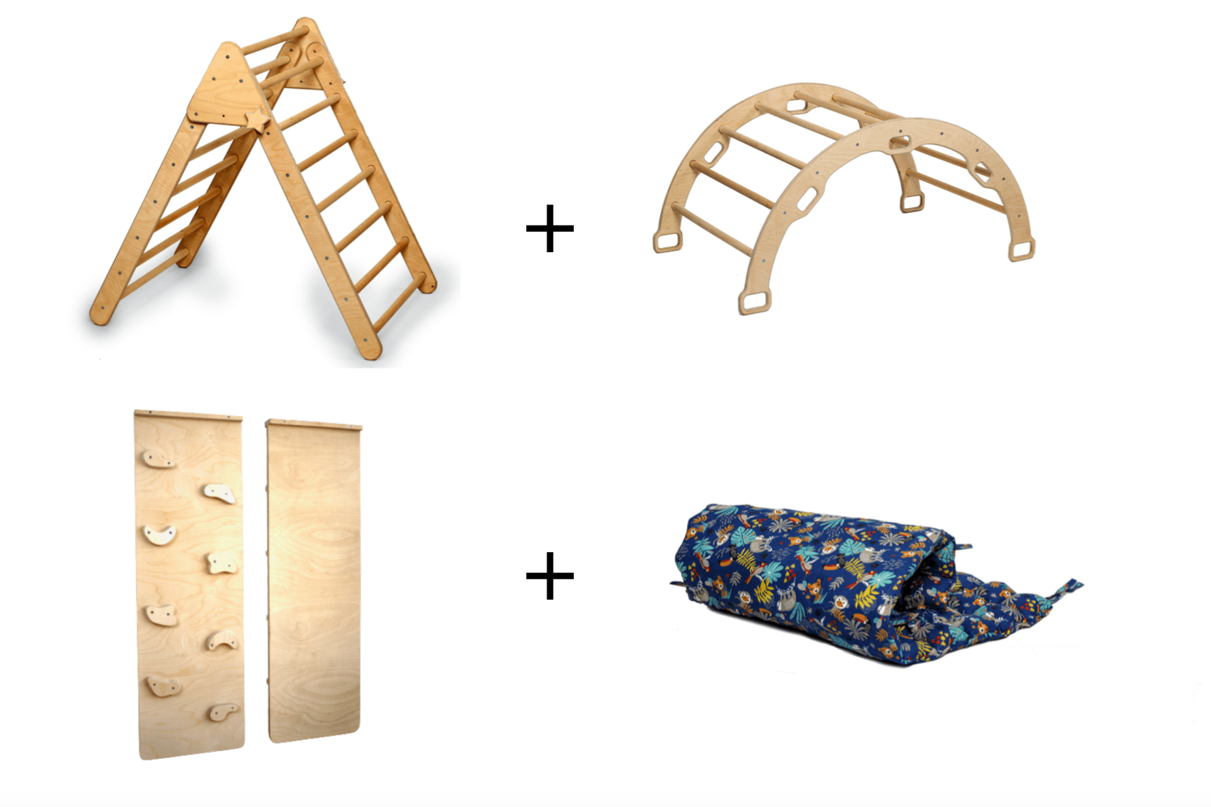 Red Oceanus climbing triangle, arch rocker, pillow, and 2-in-1 ramp set for kids, showcasing colorful, versatile children&