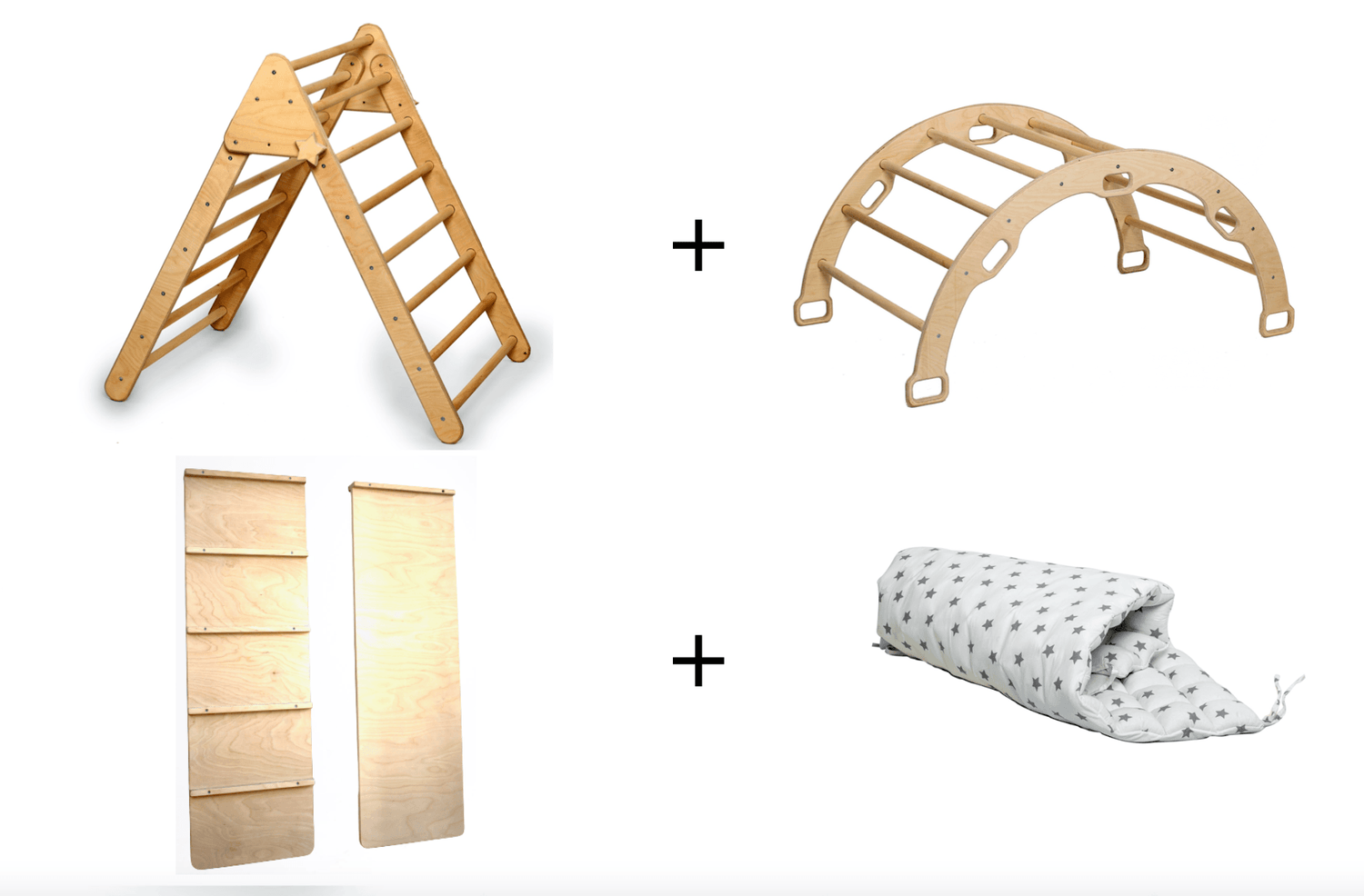Red Oceanus 4-piece toddler climber set with climbing triangle, arch rocker, and ramp, designed for children&