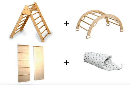 Red Oceanus 4-piece toddler climber set with climbing triangle, arch rocker, and ramp, designed for children&