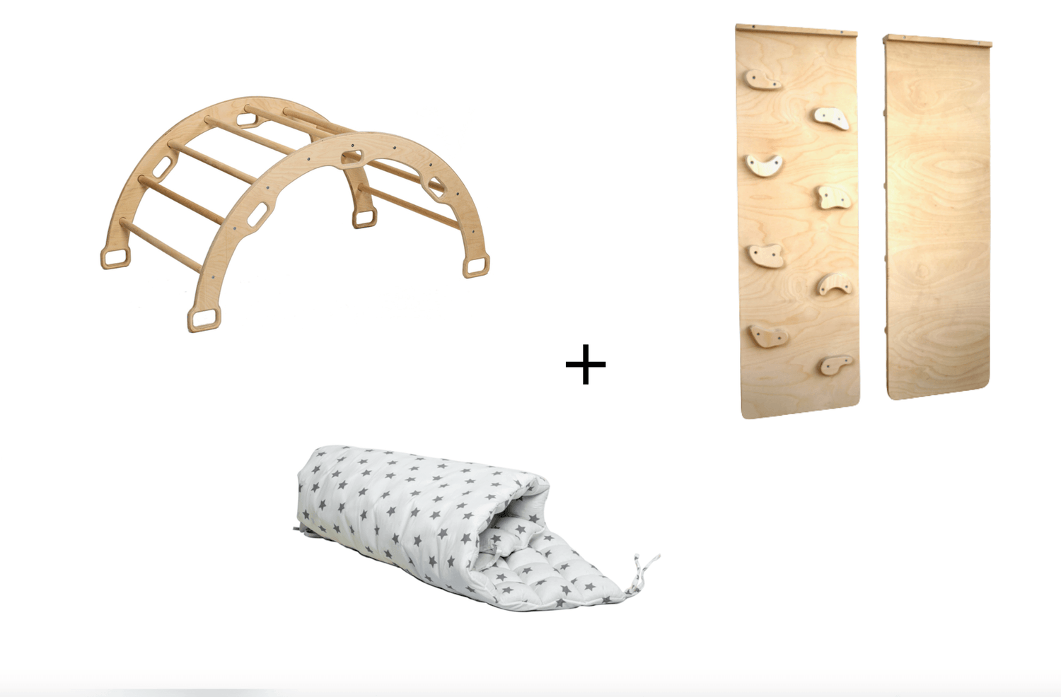 Red Oceanus climbing arch with rockwall ramp and star pillow set, Montessori furniture for active play and motor skills development.