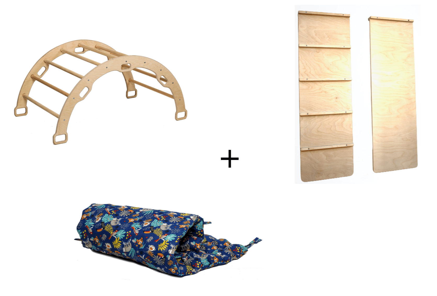 Red Oceanus climbing frame set with arch ladder, ramp, and pillow for kids’ furniture play area.