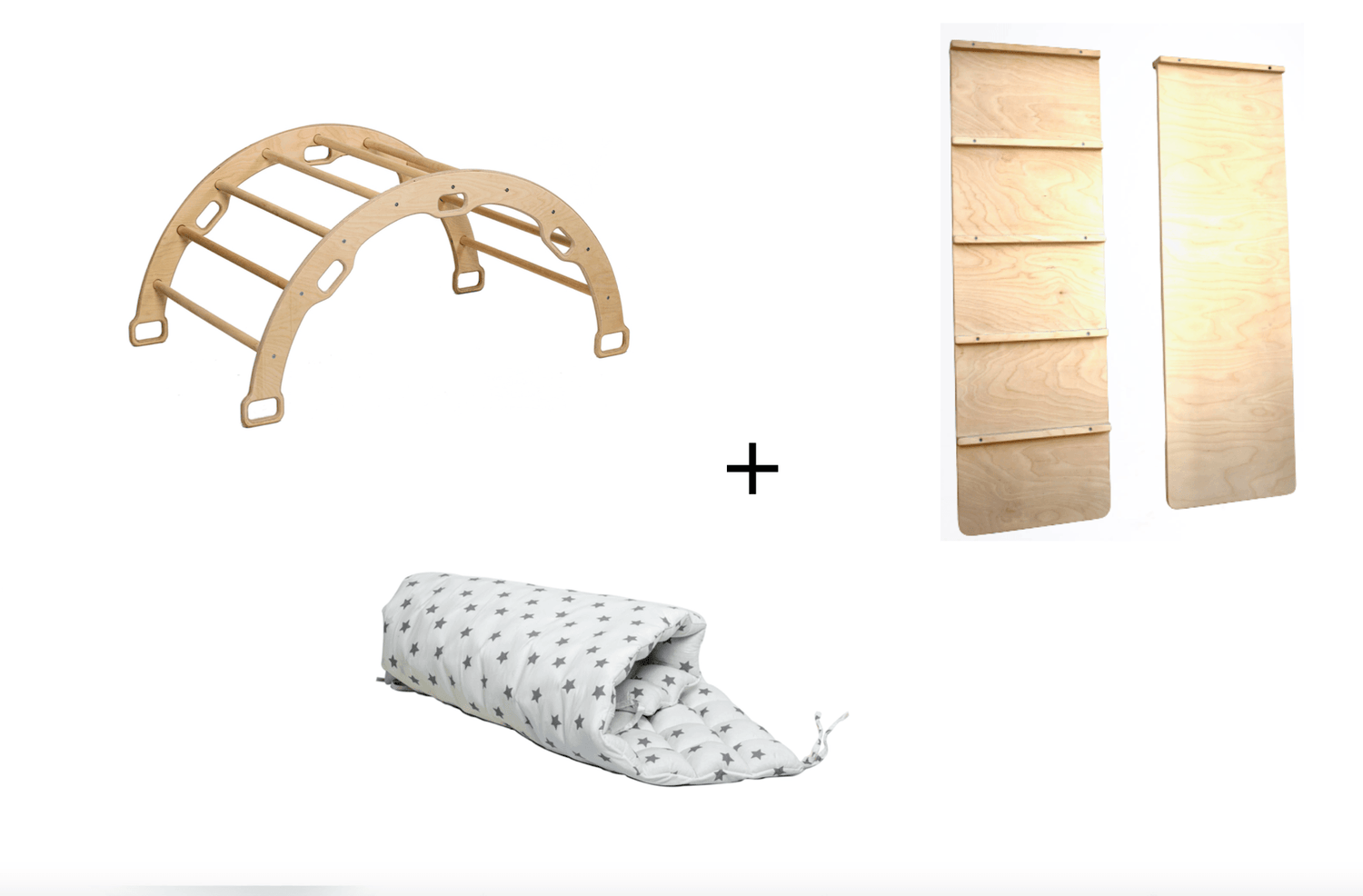 Red Oceanus wooden climbing arch with ladder ramp and star pillow set, designed for kids&