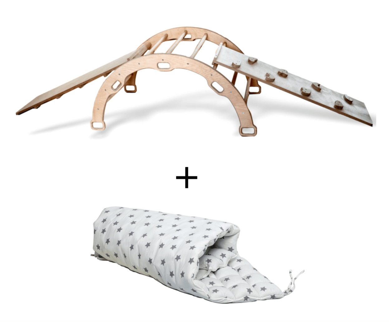 Red Oceanus climbing arch with ladder, rockwall ramp, and white pillow for kids&