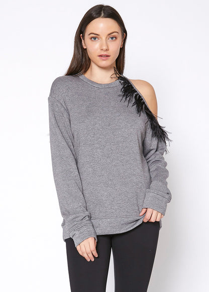 Women’s grey one-shoulder feather sweatshirt from Lemon Hera, stylish casual top with feather detail and relaxed fit.