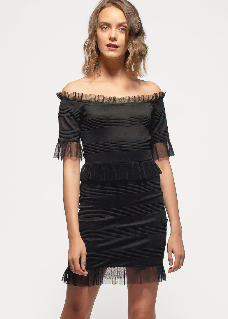 Black off-shoulder lace trim bodycon dress by Lemon Hera, fitted design with elegant lace details.