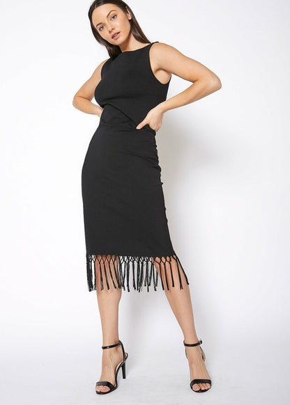 Black tassel hem sleeveless midi bodycon dress by Lemon Hera, showing fitted silhouette and stylish tassel details.