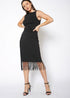 Black tassel hem sleeveless midi bodycon dress by Lemon Hera, showing fitted silhouette and stylish tassel details.
