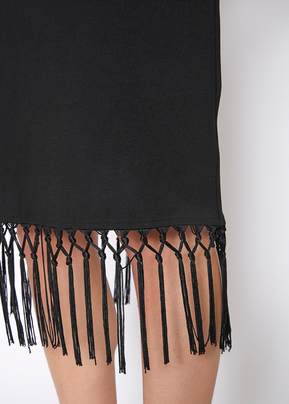 Black tassel hem sleeveless midi bodycon dress by Lemon Hera, featuring a fitted silhouette and stylish tassel details.