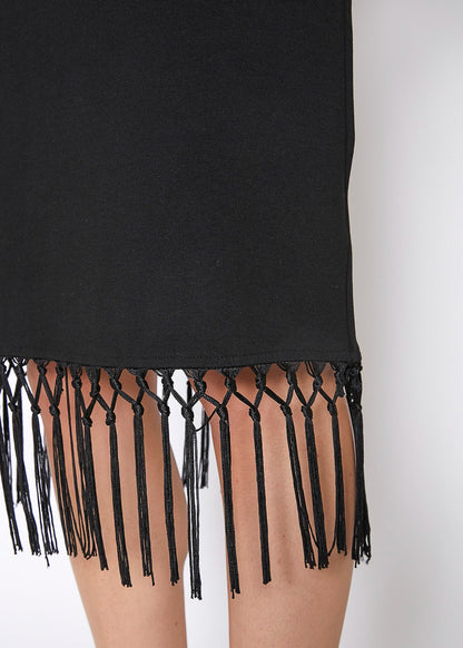 Black tassel hem sleeveless midi bodycon dress by Lemon Hera, featuring a fitted silhouette and stylish tassel details.