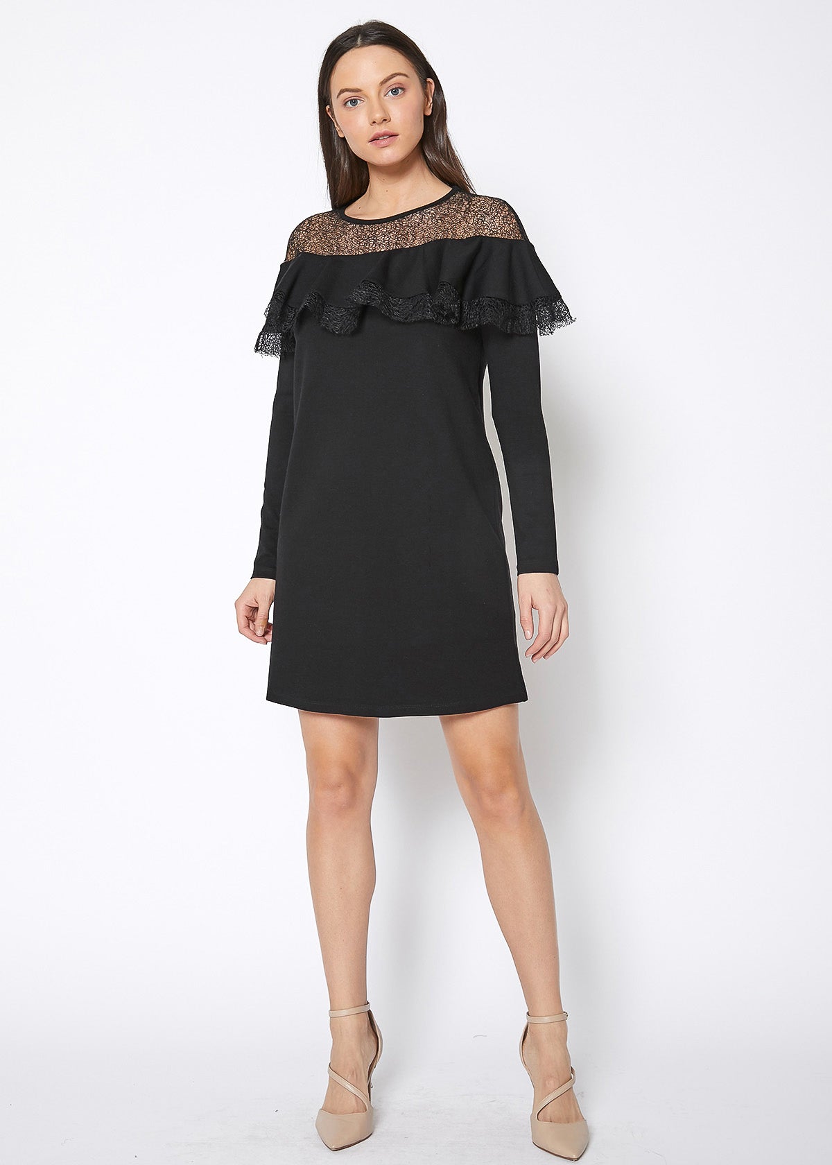 Black Lace Trim Sweatshirt Dress by Lemon Hera, featuring a casual fit with delicate lace details on the hem and sleeves.