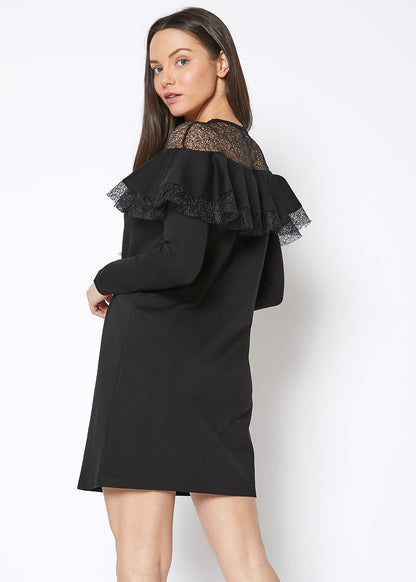 Black lace trim sweatshirt dress by Lemon Hera, casual long-sleeve dress with lace details, comfortable and stylish for everyday wear.