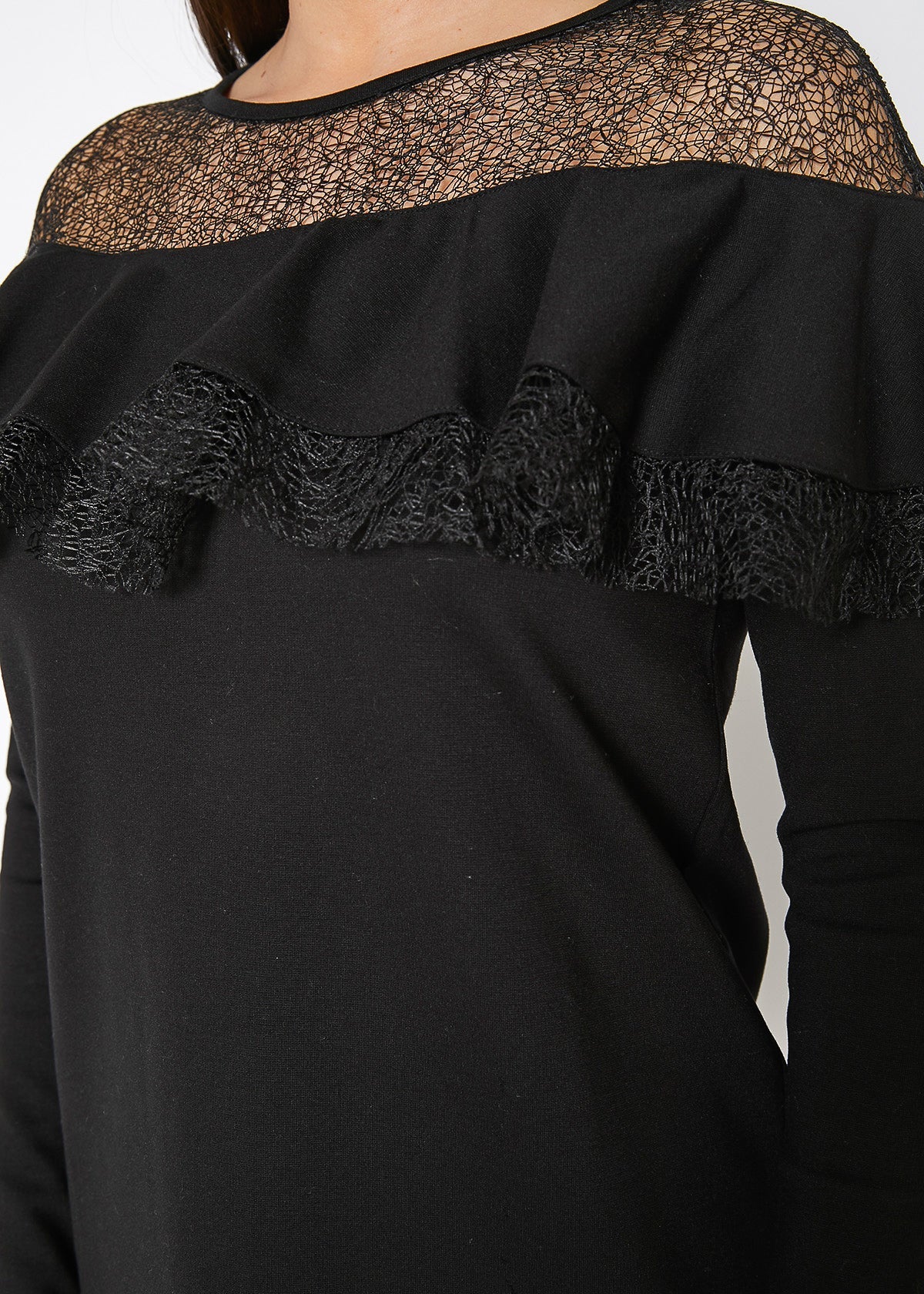 Black Lace Trim Sweatshirt Dress by Lemon Hera, showcasing a stylish casual dress with lace accents and a comfortable fit.