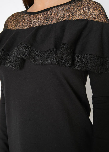 Black Lace Trim Sweatshirt Dress by Lemon Hera, showcasing a stylish casual dress with lace accents and a comfortable fit.
