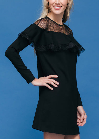 Black lace trim sweatshirt dress by Lemon Hera featuring a relaxed fit and casual style, perfect for everyday wear.
