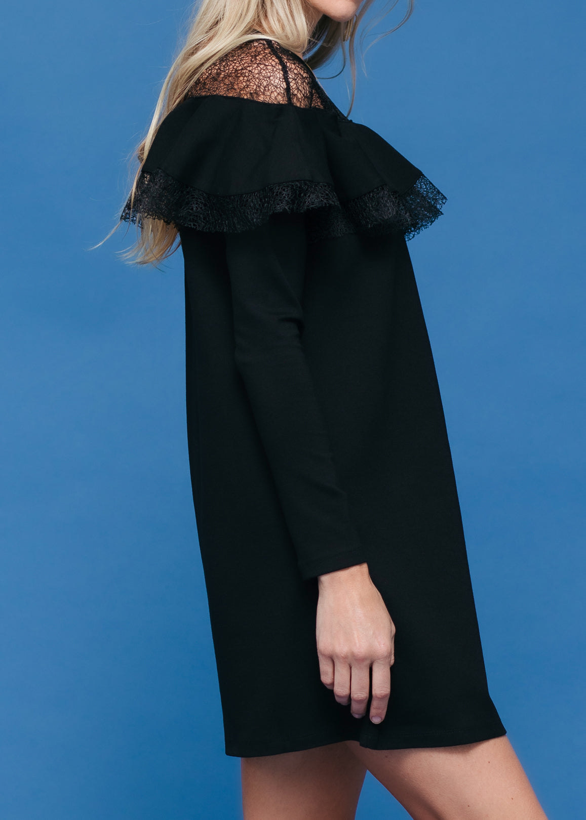 Black lace trim sweatshirt dress by Lemon Hera, featuring a casual fit with decorative lace details on the hem.