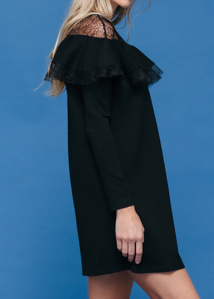 Black lace trim sweatshirt dress by Lemon Hera, featuring a casual fit with decorative lace details on the hem.