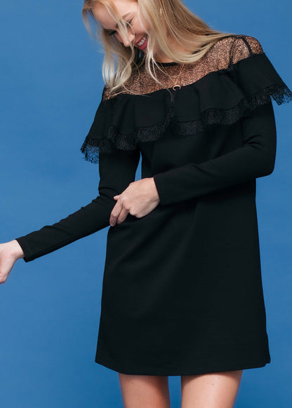 Black lace trim sweatshirt dress by Lemon Hera, showing a casual long-sleeve dress with lace accents on the hem and cuffs.