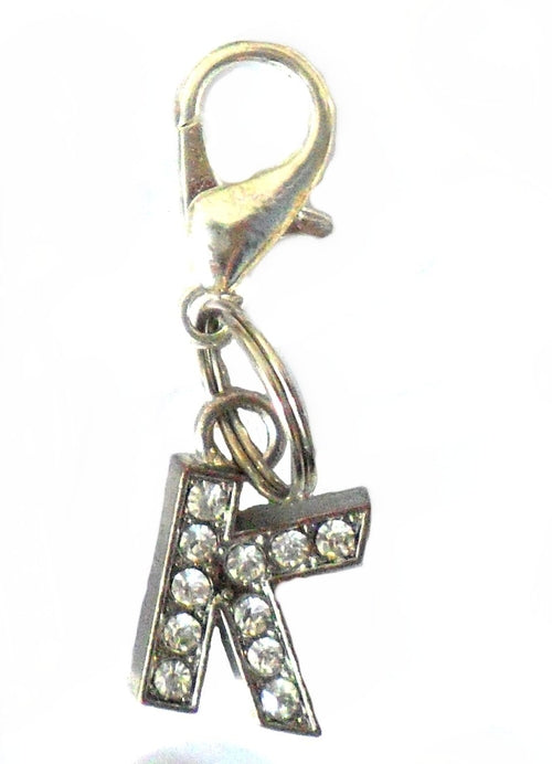 Salmon Oscar A-Z Crystal Letter Pet Charm attached to a colorful pet collar with shiny crystal accents.