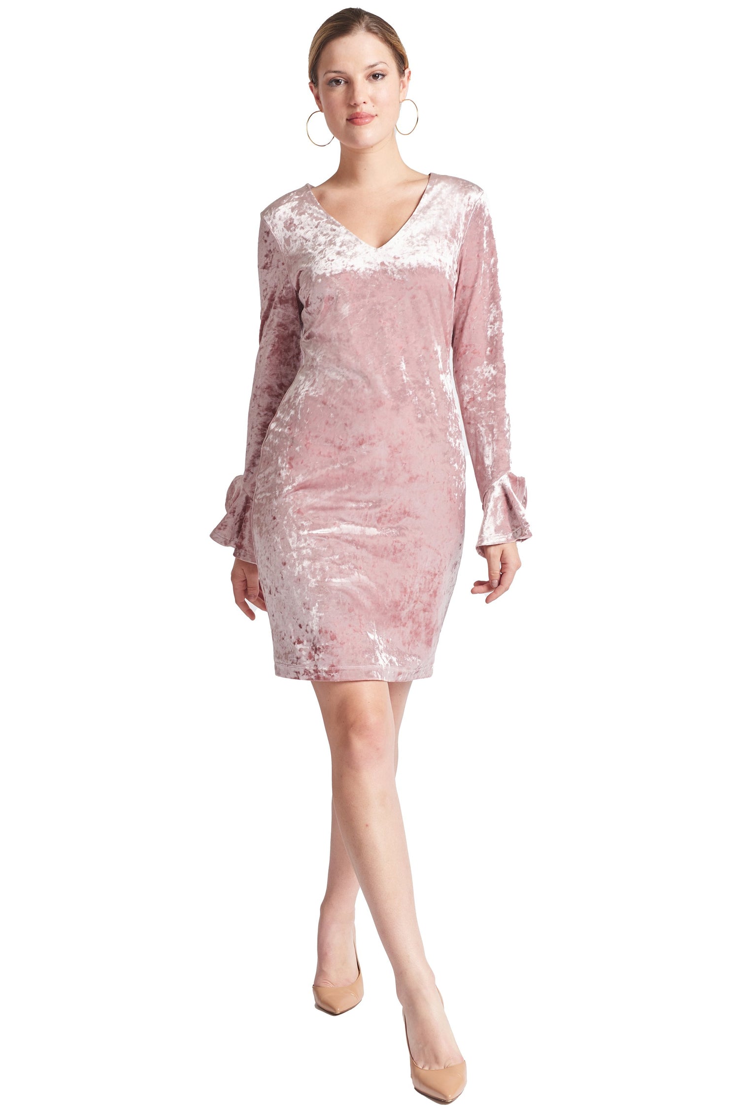 Pink Peach Dionysus Kara long sleeve crushed velvet V-neck dress with bell sleeves, elegant and stylish for special occasions.