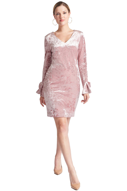Pink Peach Dionysus Kara long sleeve crushed velvet V-neck dress with bell sleeves, elegant and stylish for special occasions.