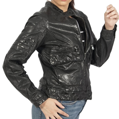 Brown leather jacket from Azure Metis with a zipper, styled with a classic fit and detailed stitching for a versatile look.