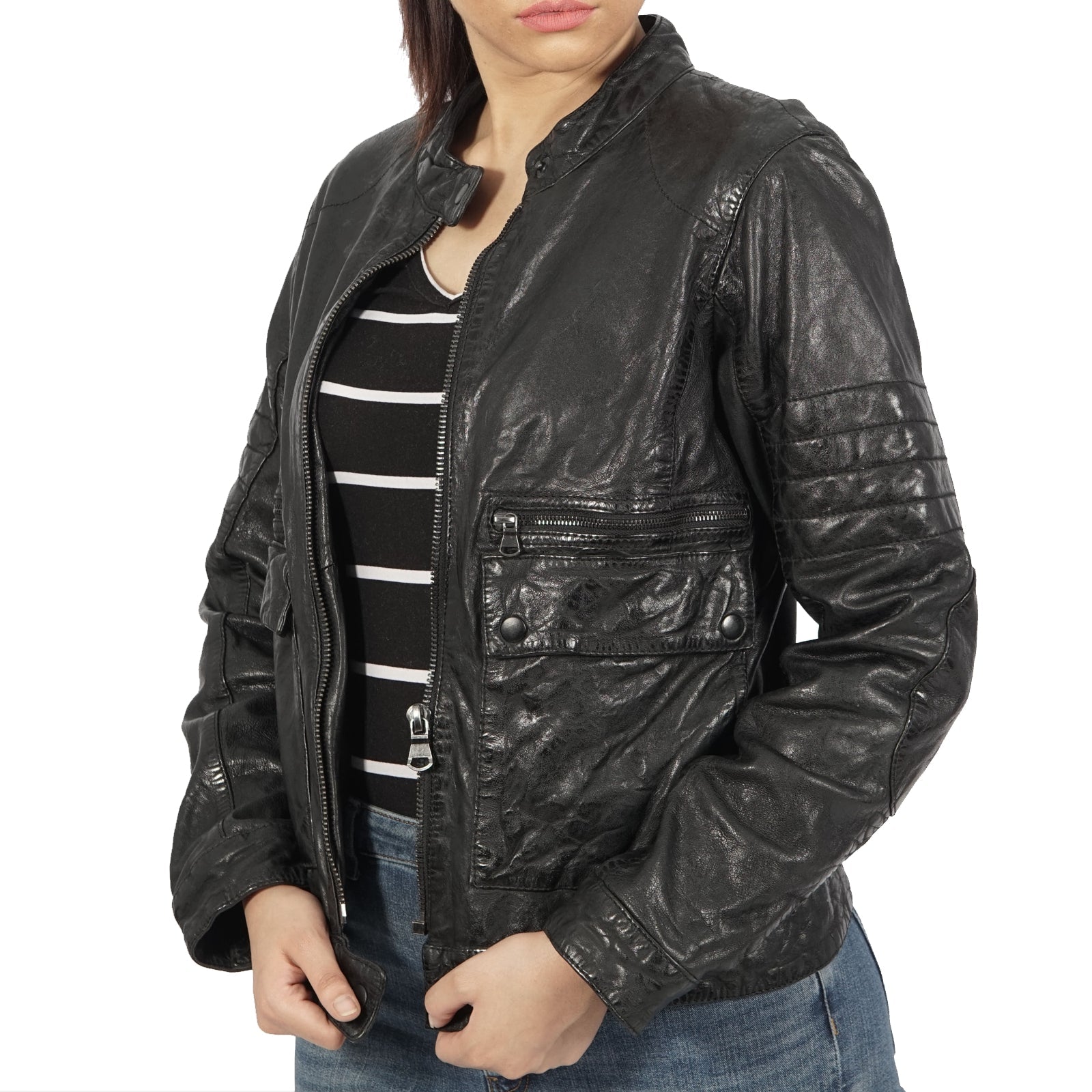 Brown leather jacket with zipper details from Azure Metis, featuring a stylish fit and classic design in a Kiara Zipper jacket.