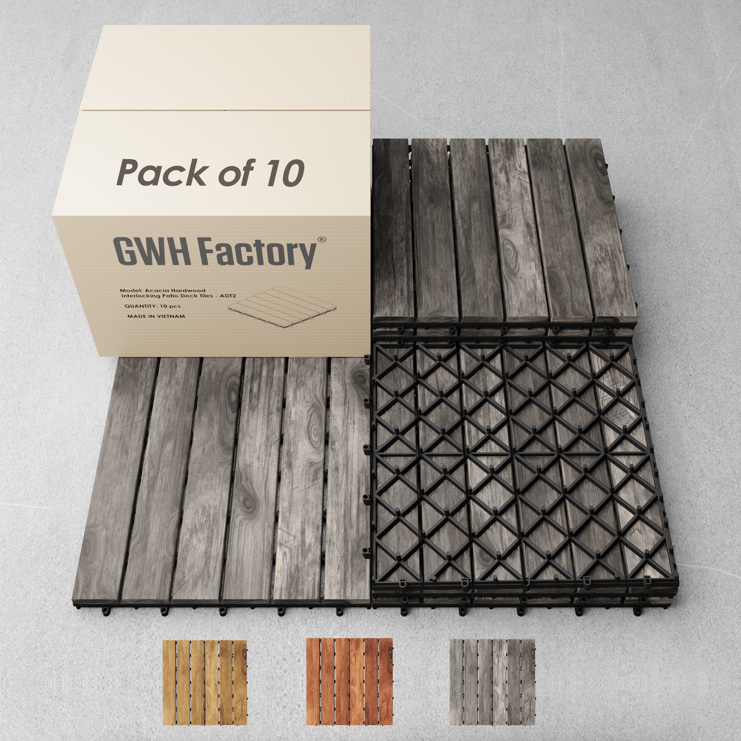 Teal Crius hardwood interlocking patio deck tiles for easy home decor installation, showing the tile pattern on a wooden surface.