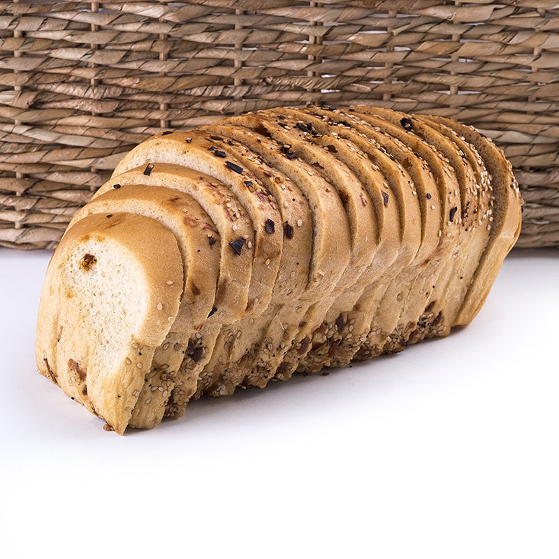 Peach Oliver Great Low Carb Bread Company Everything Bread in a clear plastic bag, showcasing the bread&