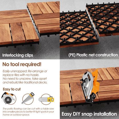 Teal Crius hardwood interlocking patio deck tiles arranged on a outdoor deck for easy home decor installation.