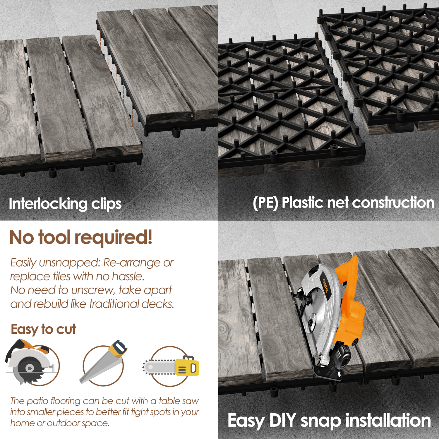 Teal Crius hardwood interlocking patio deck tiles arranged on a outdoor wooden deck, showcasing easy installation and natural wood finish.