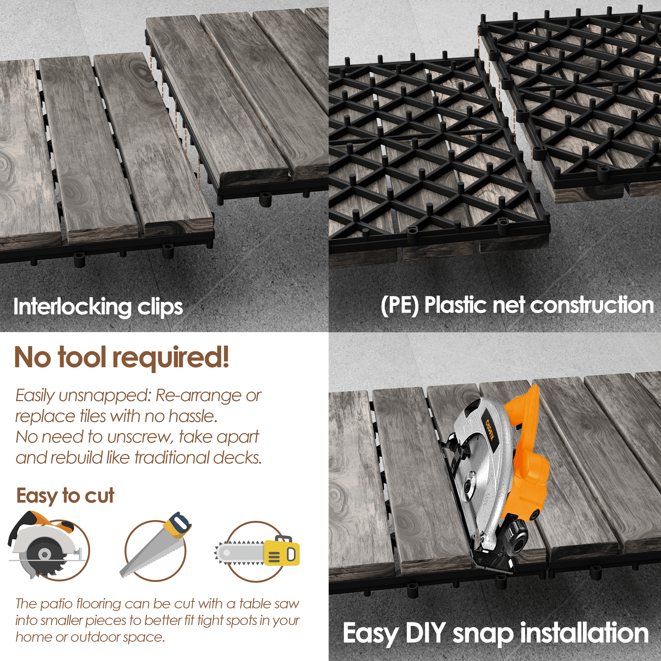 Teal Crius hardwood interlocking patio deck tiles arranged on a outdoor wooden deck, showcasing easy installation and natural wood finish.
