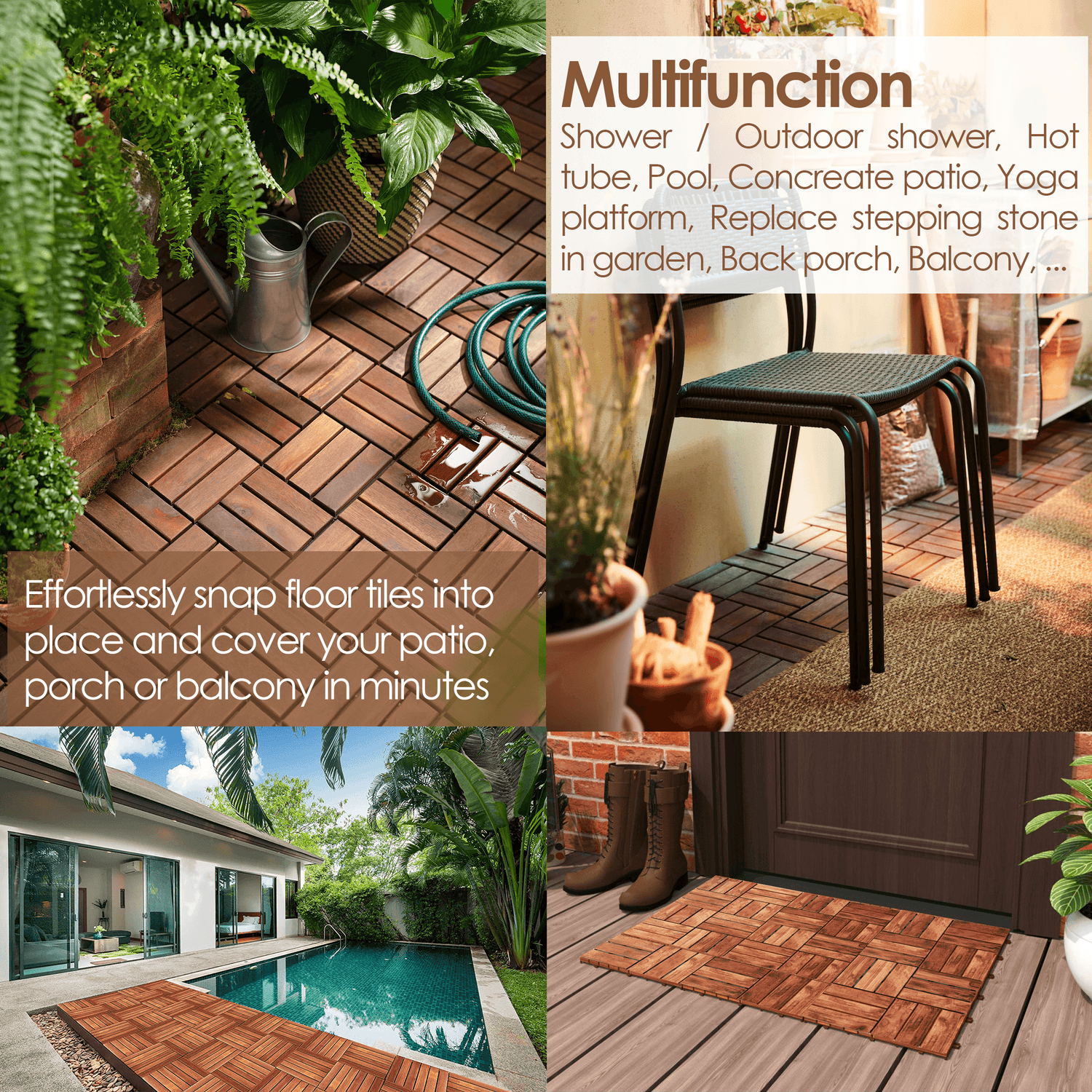 Teal Crius hardwood interlocking patio deck tiles installed outdoors, showcasing easy-to-assemble home decor for outdoor flooring.