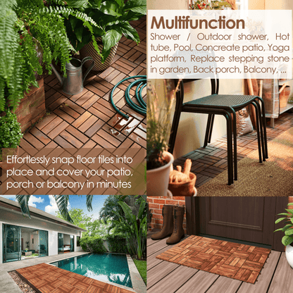 Teal Crius hardwood interlocking patio deck tiles installed outdoors, showcasing easy-to-assemble home decor for outdoor flooring.
